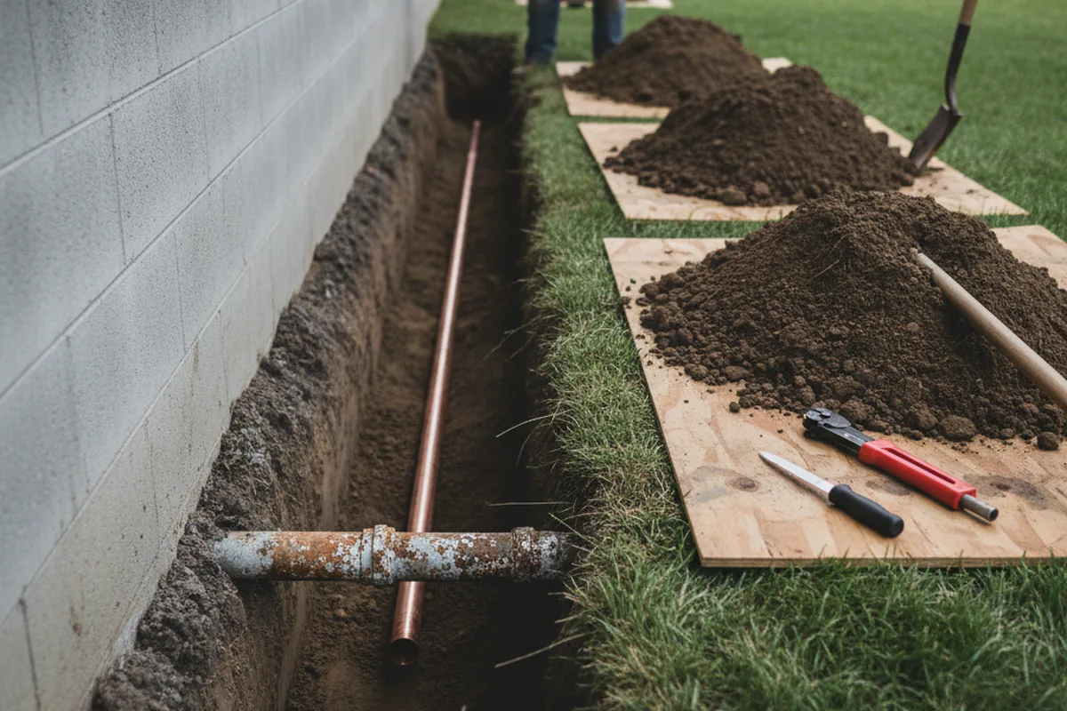 Excavated water line trench during Sewer Line Repair in Diboll